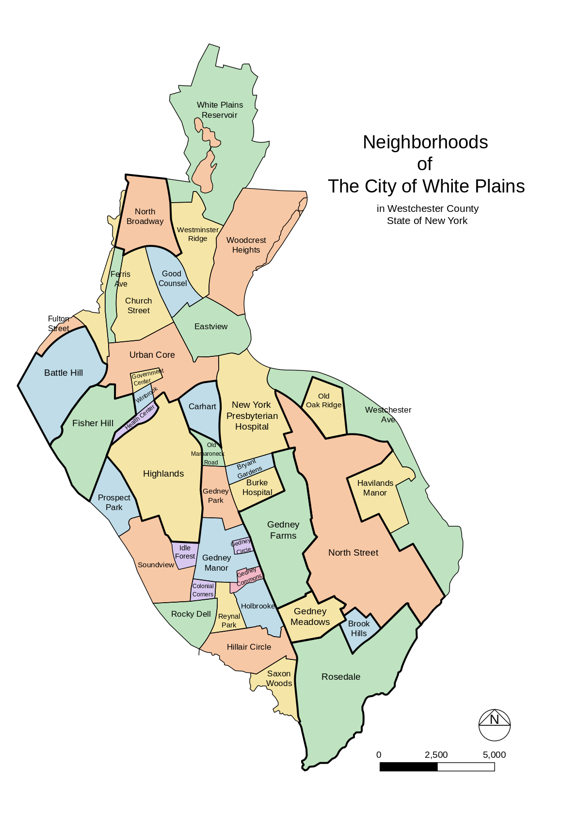 White Plains neighborhood map with the neighborhoods currently represented through WPCNA outlined.